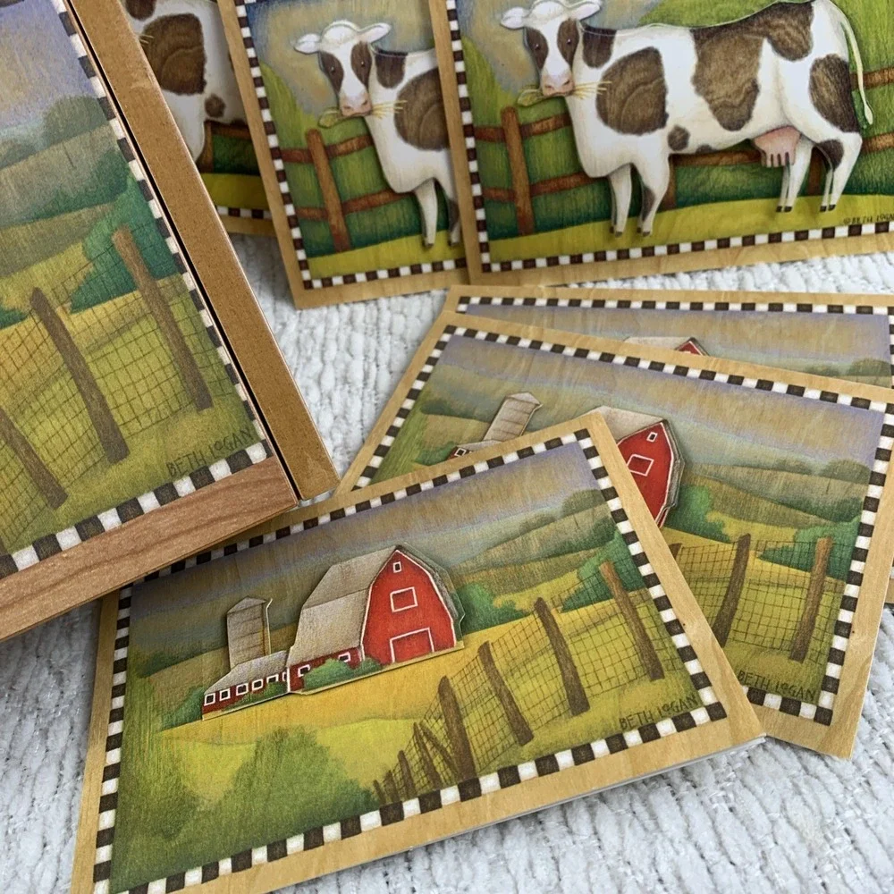 VTG 2003‎ BETH LOGAN Wooden Box With 3D Notecards Farm Cow Barn Rooster Daisies